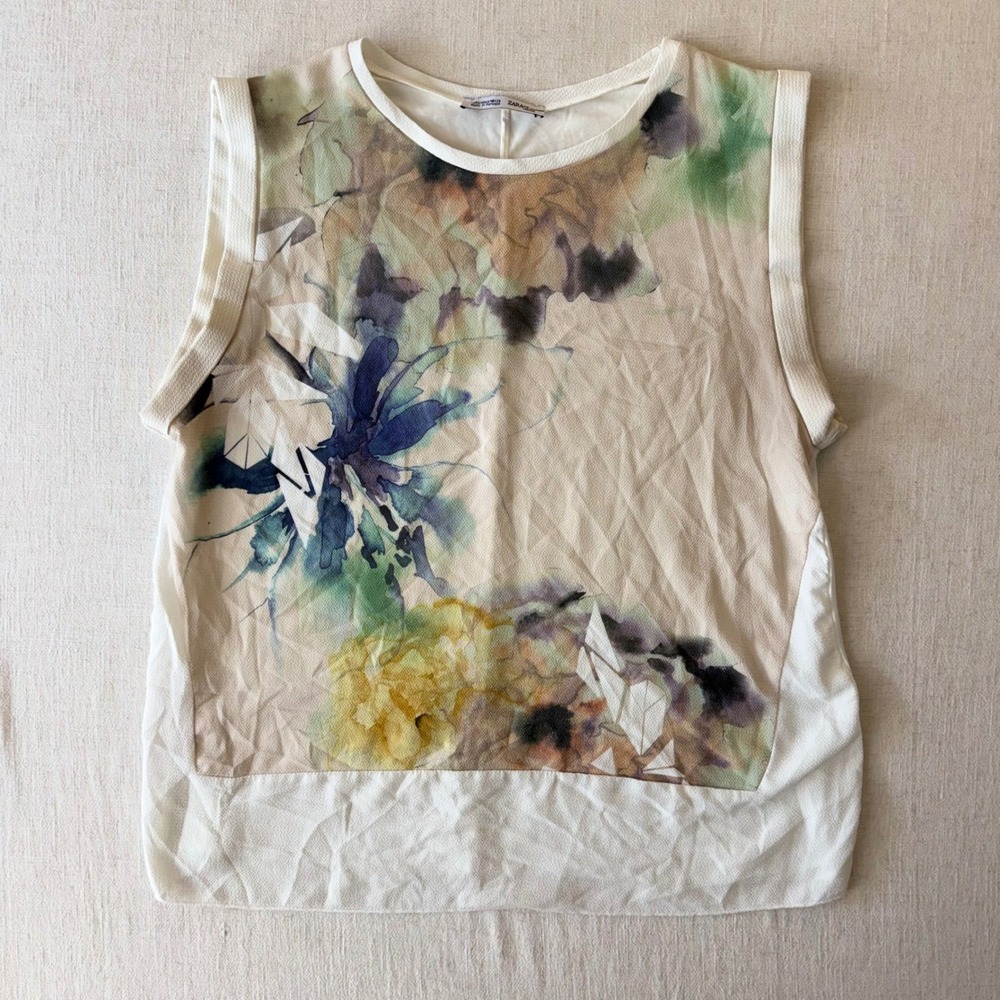 Zara Cream Floral Watercolor Print Sleeveless Blouse